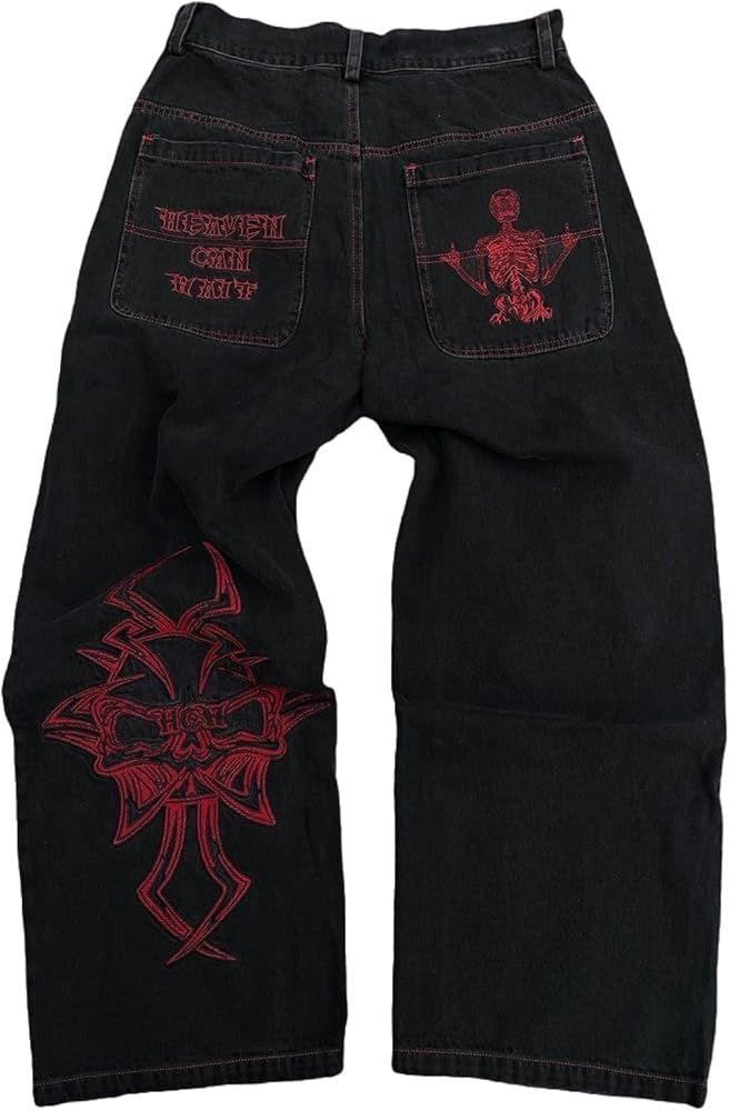 y2k jeans men's hip hop vintage skull embroidery wash denim pants gothic straight tube loose wide leg pants